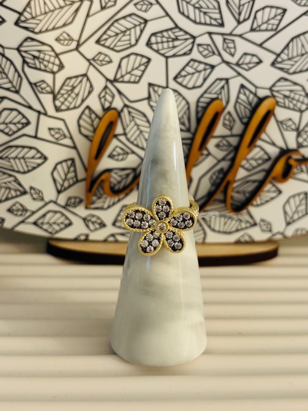 Gold and Hematite CZ Flower Ring